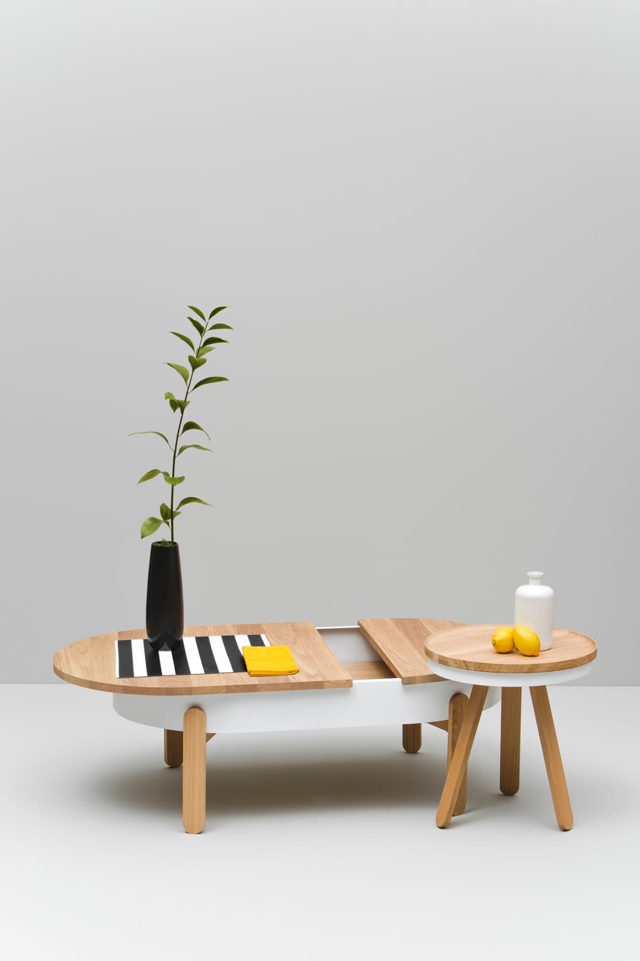 Large and Small Batea Oak White with storage & tray Table