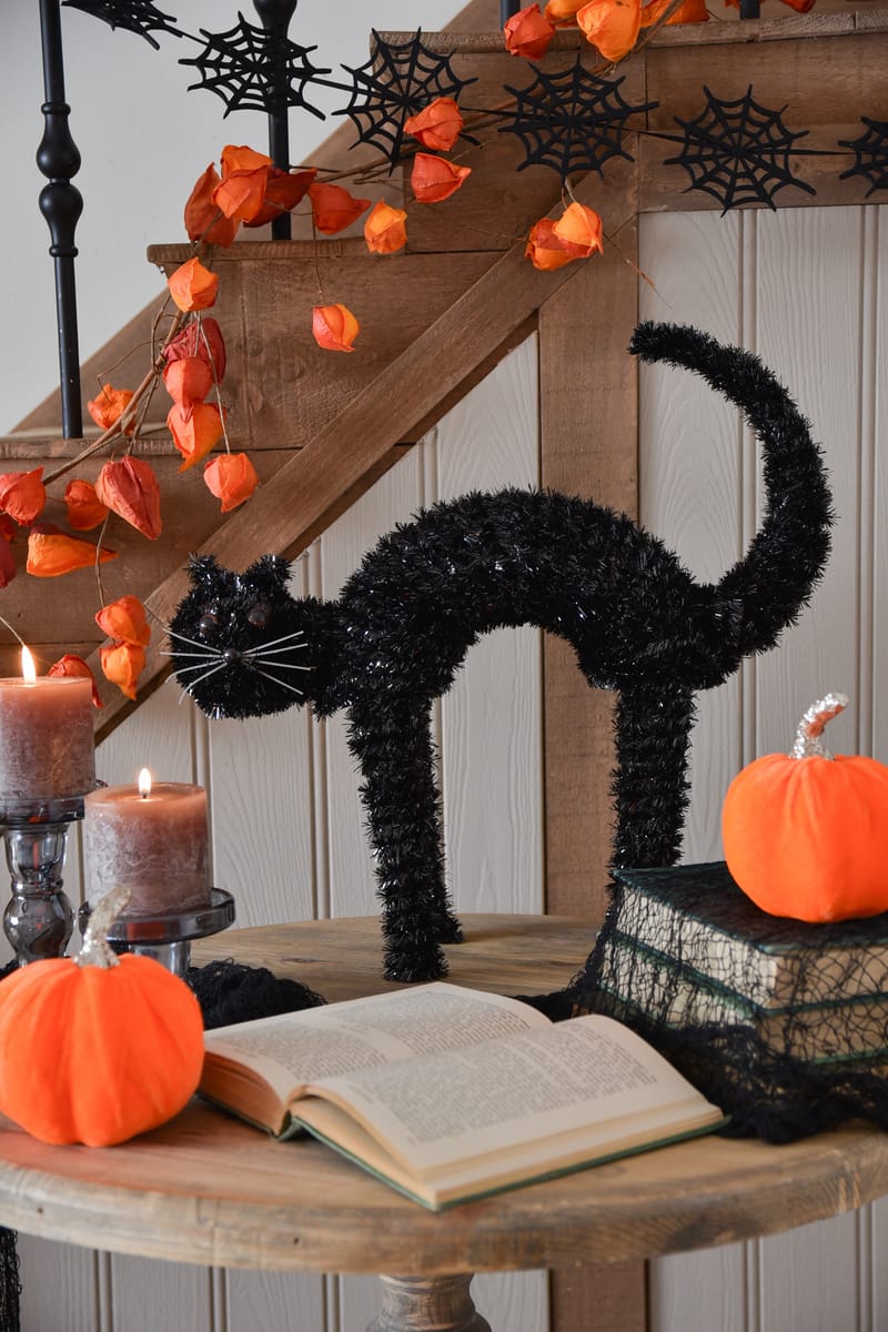 SEP '25: Black Tinsel Standing Cat Ornament, £9.99