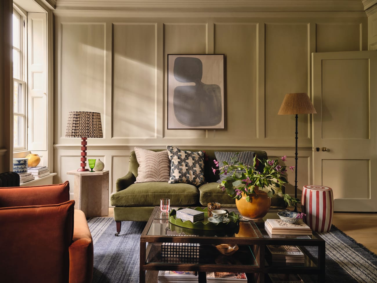 Small Alexey Coffee Table, Plima Rug, Coleridge 3 Seater Sofa In Fixed Velvet Spruce, Huxley Table Lamp with Romneya Lampshade and Birling Side Table