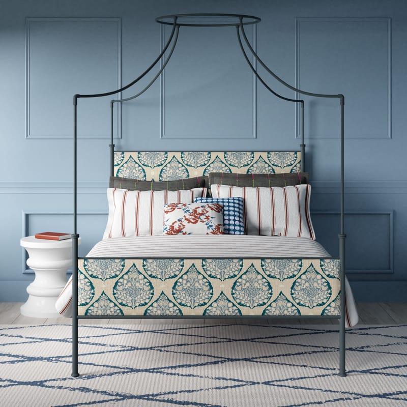 Waterloo iron four poster bed with upholstered panels