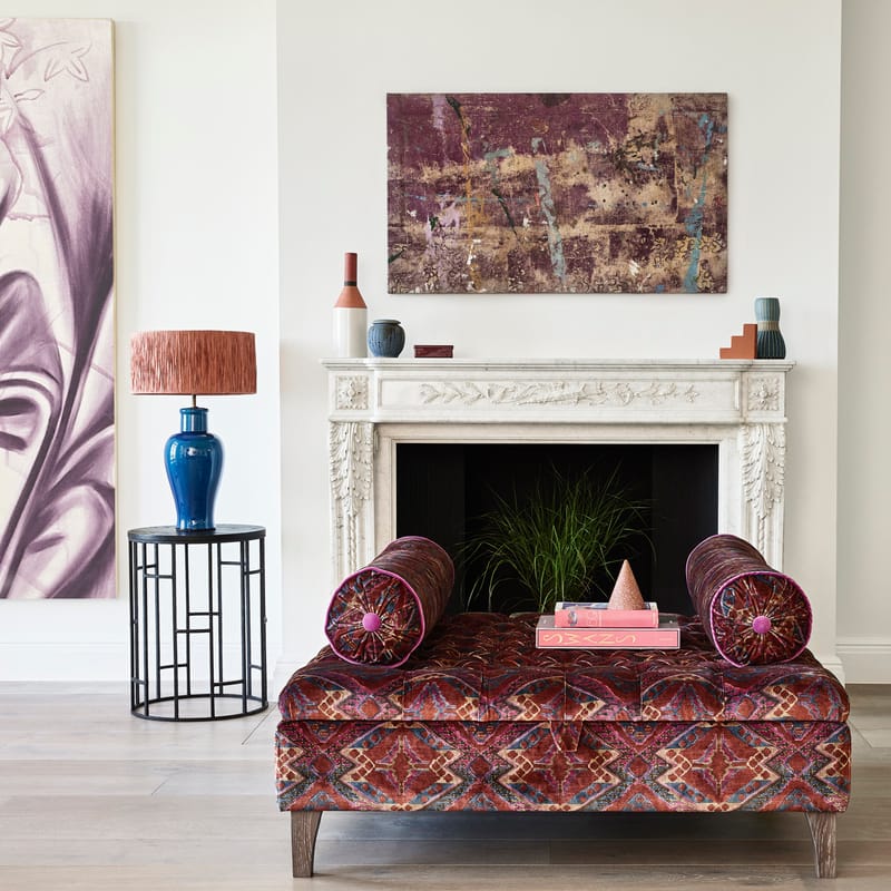 Velvet storage footstool in Linwood Velvet One Thousand And One Hot Ticket