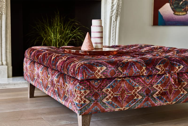 Velvet storage footstool in Linwood Velvet One Thousand And One Hot Ticket