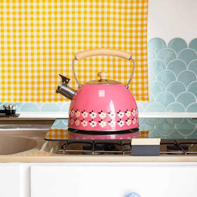 Stove Top Whistling Kettle in Rose Pink with Retro Floral Print