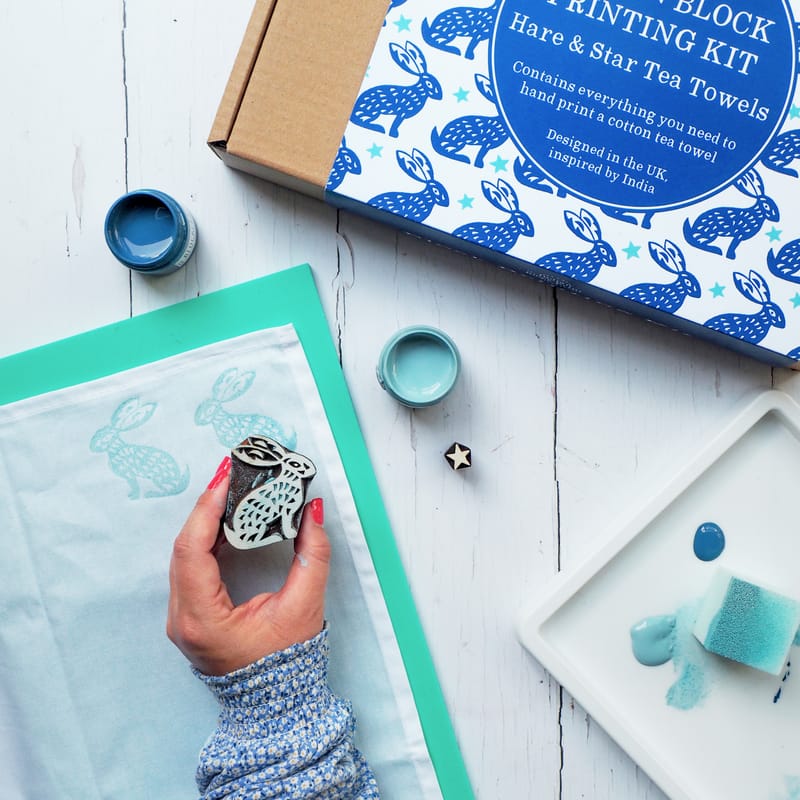 Indian Block Print Co. Block Printing Kit: Hare & Star Tea Towel