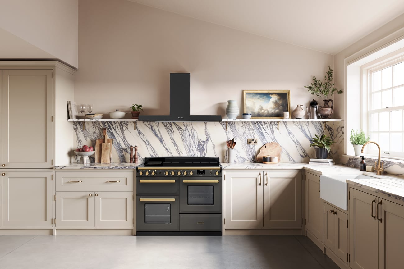 Estel Deluxe 110cm induction range cooker in Slate with Antique Brass trim (offset oven configuration)